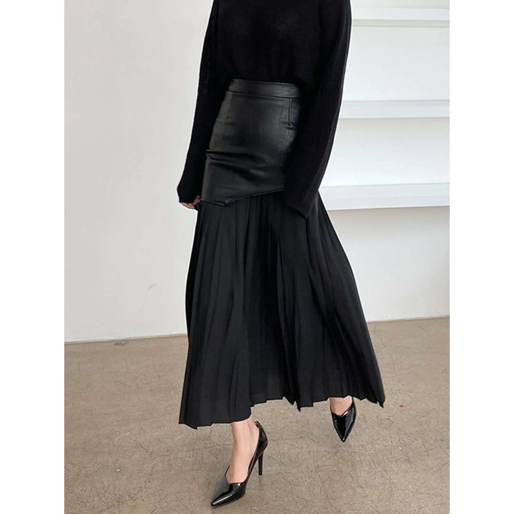 COMMENSE Black Faux Leather Chiffon Pleated Asymmetric Maxi Skirt US 8-10 L NWT - Picture 5 of 12